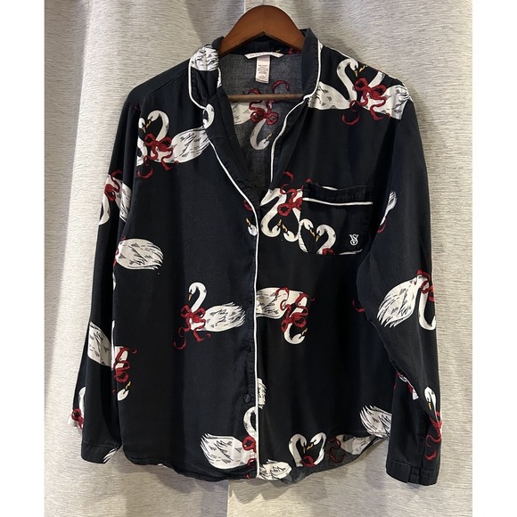 Victoria Secret Pajama Set Black Swan Print Long Sleeve Top & Pants Women's L - Picture 3 of 10